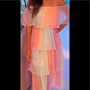 Beautiful pastel polka dot ale greed off the shoulder dress. Wore one time only.